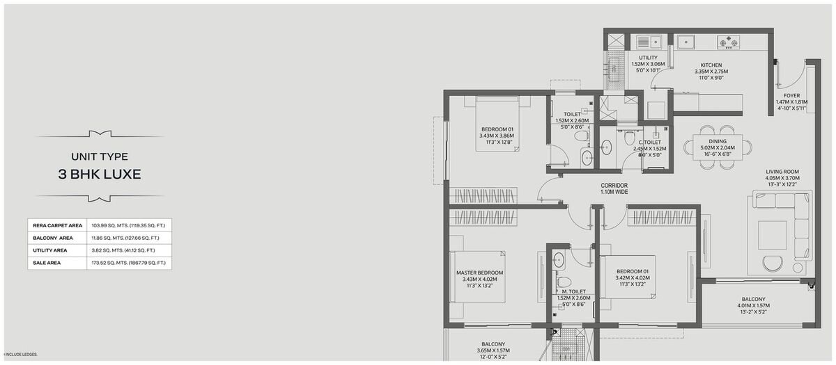 3 BHK Luxe floor plan (blurred preview — enquire to view)