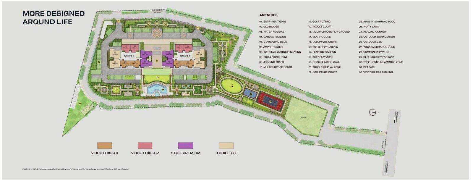 Godrej Regent Park master site plan showing Tower A, Tower B, amenity zones 1-32 and configuration key